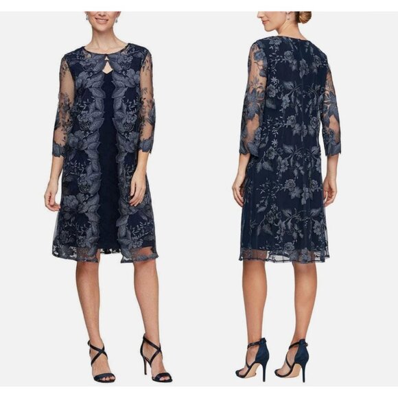 Alex Evenings Navy Blue Floral Embroidered Metallic Jacket Dress Sz 20W 2X Plus - Picture 1 of 11